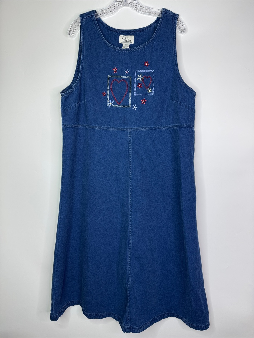 Vintage C.J Banks Embroidered Heart Denim Jumper Dress Size 16W